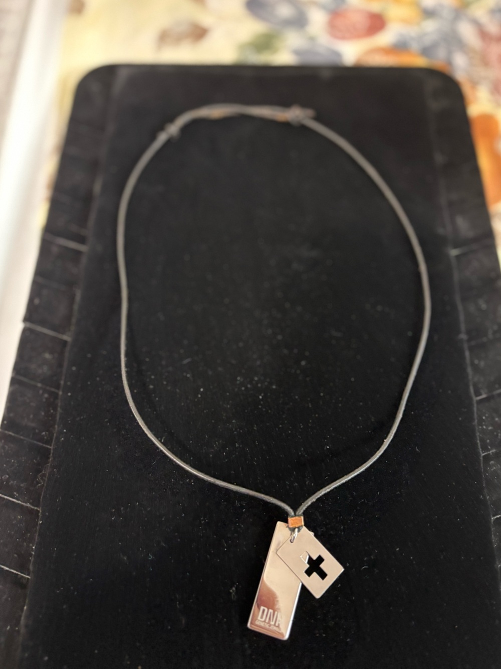Like new Stainless Steel Cross & Tag Pendant Adjustable Rope Necklace Unisex